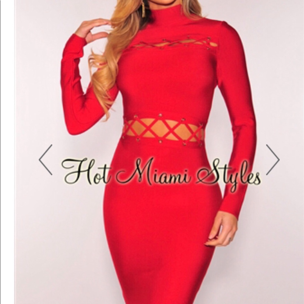Hot Miami Styles Red Lace Up Bandage Dress
